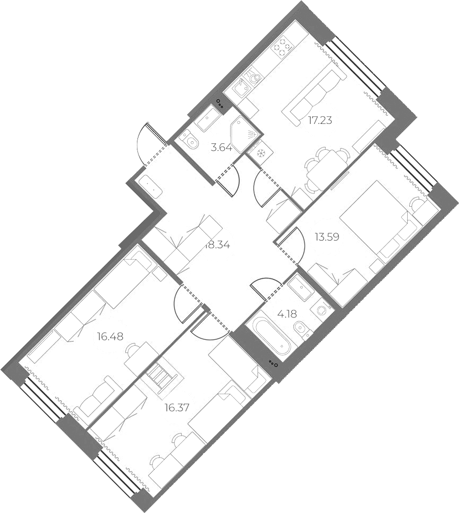3-комнатная квартира 89.83 м², 2/18 эт., ЖК «Огни Залива»